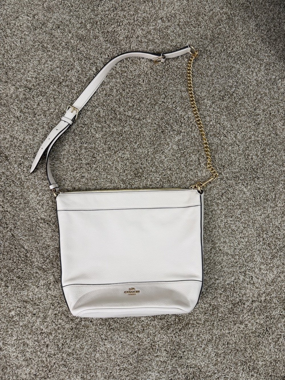 Coach White Pebbled Leather Shoulder Bag with Gold Chain Accent
